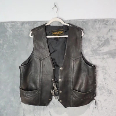 Unik Ultra Leather Biker Vest Mens 52 Black Snap Front Chain Detail Motorcycle - Image 1 of 4
