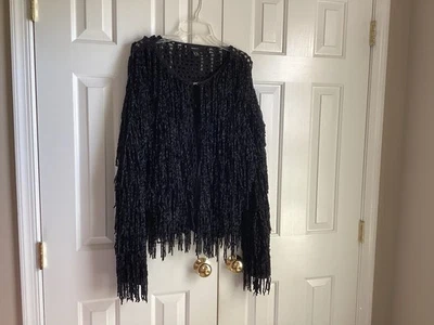 Chaqueta Cárdigan Negro Flecos Boho Shag Hippie Crochet IMPRESIONANTE - Talla 2X Foto 1 de 4