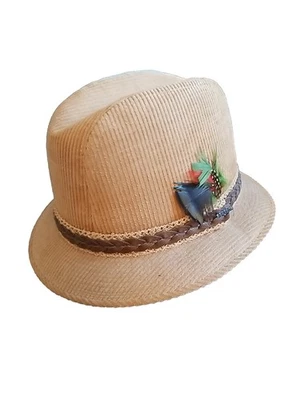 Mens Vintage Stetson Corduroy Feathered Fedora Sz 7 1/4 Beige - Image 1 of 4