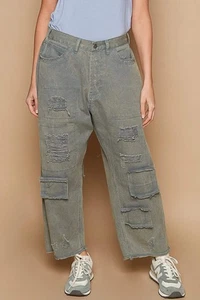 Pantalones de mezclilla POL desgastados parcheados dobladillo crudo recortados pierna ancha novio en azul francés - Imagen 1 de 4