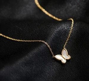 Women Gold Plated Titanium Stainless Steel Seashell Butterfly Necklace 16-18" - Picture 1 of 6