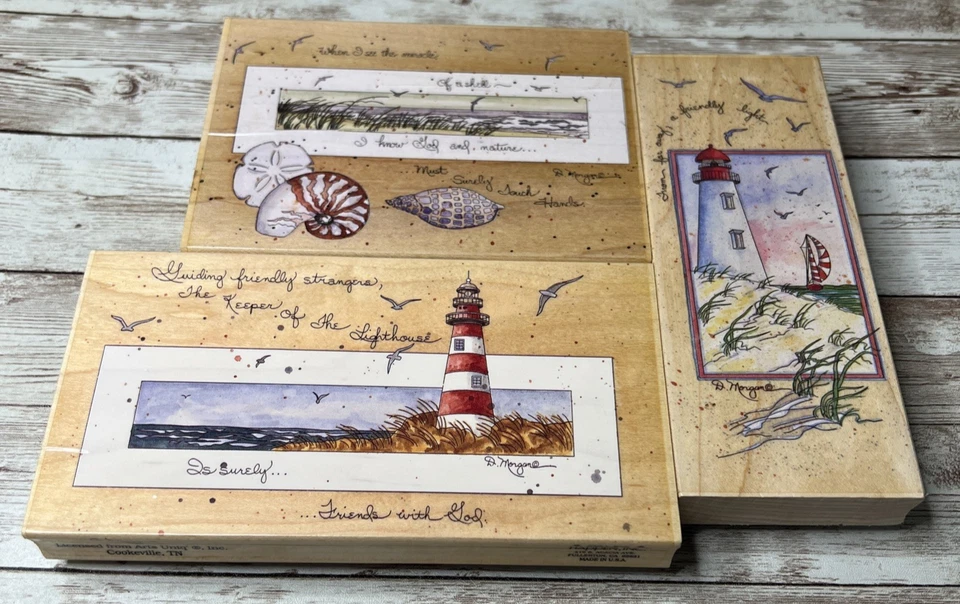 Lot of 3 Large D. Morgan Ocean Beach Lighthouse  (1990's) Wood Rubber Stamp VTG - Image 1 of 4