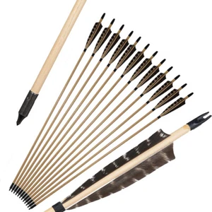 Flechas de madera hechas a mano de 32" plumas naturales tiro con arco arco tradicional caza de arco - Imagen 1 de 15
