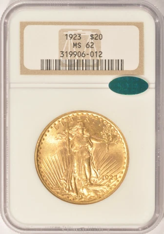 1923 $20 Saint Gaudens Gold Double Eagle Coin NGC MS62 CAC  Pre-1933 Gold Cover