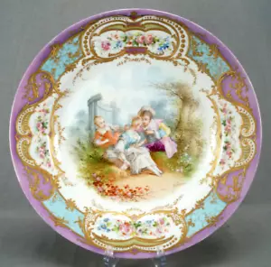 Sevres Style Lebrun Hand Painted Watteau Scene Raised Gold Floral Charger Plate - Picture 1 of 12