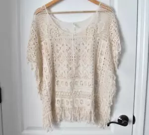 Bettinis Damen Häkel Makramee Poncho Oberteil Fransen Boho Hippie Elfenbein USA - Bild 1 von 14
