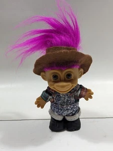 Vintage Farmer Troll Doll 5" Figure Russ Overalls Plaid Pink Hair Classic 90s - Picture 1 of 9