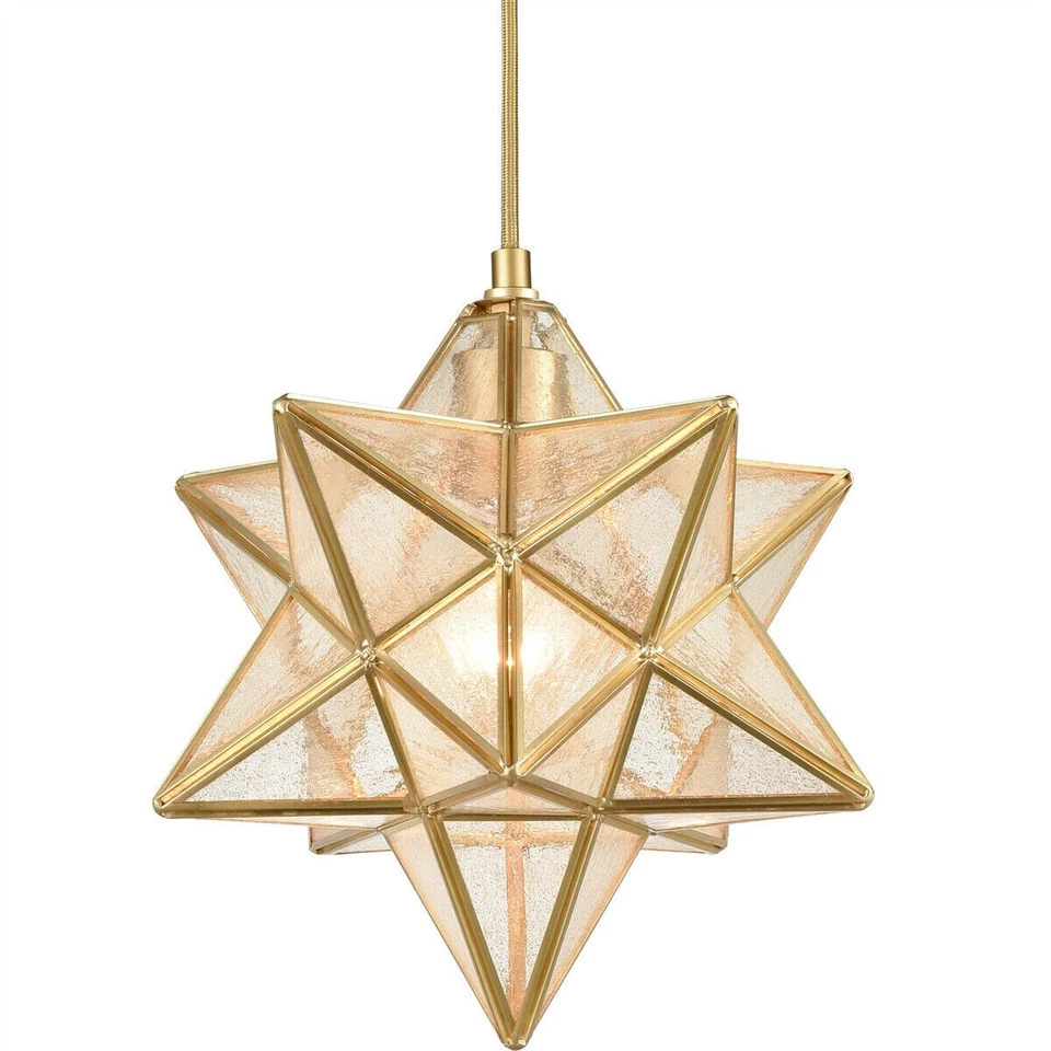 CLAXY Brass Moravian Star Light in Seeded Glass Pendant Lights Fixture 11-in