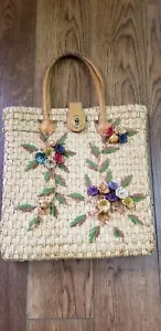 Vintage Woven Straw Wicker Tote Boho Floral Hawaii Dual Top Handles Latch Front - Picture 1 of 15