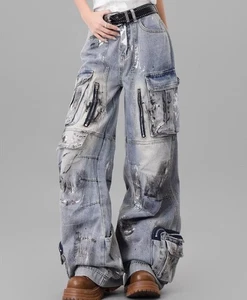 Pantaloni jeans donna blu denim stampati gamba dritta tasche cargo punk - Foto 1 di 12