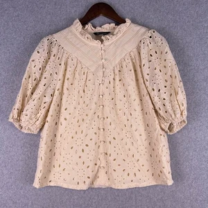 Hübsche Gartenbluse klein creme Rüschenausschnitt Knopf Puffärmel Landhaus Bauer - Bild 1 von 12