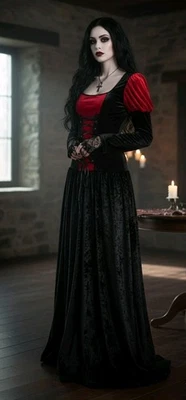 Medieval Renaissance HeavyVelvet Dress Stretch Black Red Goth Witch Vampire XS S - Image 1 of 4