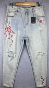 Factorie Denim Jeans Floral Embroided Distressed Mom Jeans High Waist Sz 14 BNWT - Picture 1 of 9