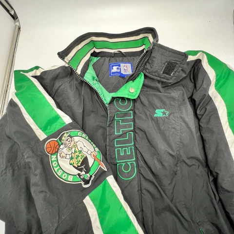 BOSTON CELTICS STARTER JACKET MENS XL VINTAGE Hooded Full-Zip Puffer NBA Patches Cover