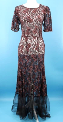 VTG Women's 30s Brown Floral Lace Maxi Dress W/ Tulle Trim Skirt Sz S/M 1930s - Image 1 of 4
