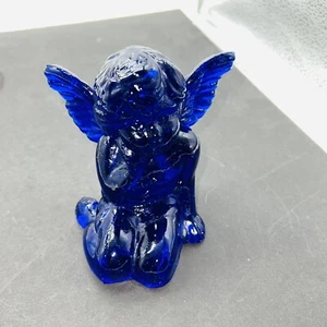 Cherub Cobalt Blue Glass Sitting Kneeling Angel Figurine Taper Candle Holder - Picture 1 of 7