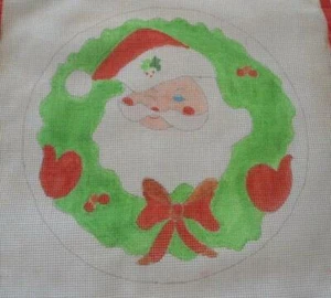 Vintage Santa Claus Needlepoint Canvas Hand Painted Christmas Wreath - Picture 1 of 2