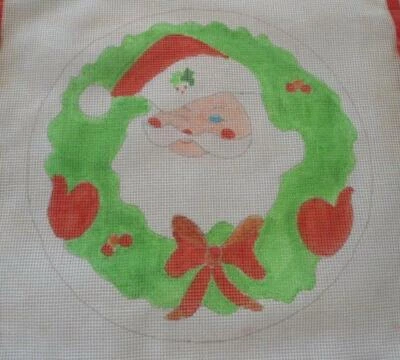 Vintage Santa Claus Needlepoint Canvas Hand Painted Christmas Wreath - Image 1 of 2