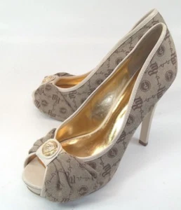 Rocawear Wos Shoes High Heels SUZE US 8 Beige Brown Logo Slip-On Peep Toe 5107 - Picture 1 of 7