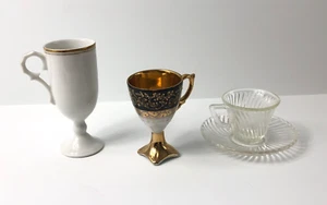 3 Tea Cups Clear Swirl Federal Glass Black and Gold  White Pedestal Vtg - Picture 1 of 12