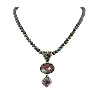 Lori Bonn Green Pearl Necklace W Sterling Silver Amethyst Abalone Quartz Pendant - Picture 1 of 10