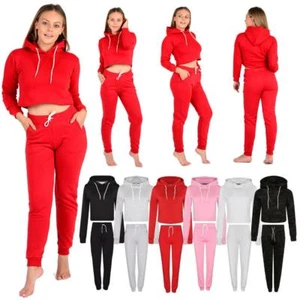 Women's Crop Hoodies Trousers or Tracksuit Plain Ladies Joggers Crop Top Bottom - Picture 1 of 7