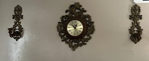 VTG MCM Hollywood Regency Burwood/Homco Wall Ornate Clock W/  Sconces Candles Cover