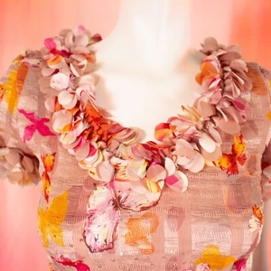 ALBERTO MAKALI Rosa Orange Gelb Weiß Polyester Damen Rüschen Pailletten Top Größe S - Bild 1 von 11