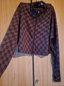cropped Strickjacke, Reißverschl., braunes Schachmuster, H&M, Daumenlöcher, 4XL - Bild 1 von 4