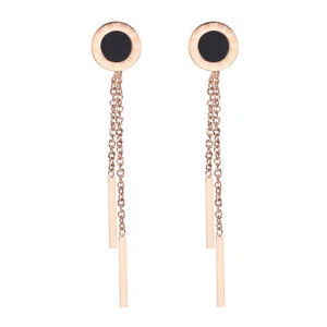 Pendientes de doble cadena de oro rosa de 18 quilates para mujer esmalte negro números romanos - Imagen 1 de 5