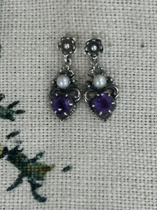 Par de aretes colgantes vintage años 70 PLATA 925, AMATISTA y PERLA - Imagen 1 de 10