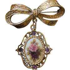 Vintage Victorian Gold Tone Ribbon Dangling Floral Rose Purple Rhinestone Brooch
