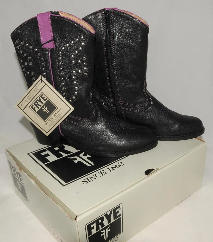FRYE ~ Botas occidentales para niños de cuero negro y plata con tachuelas talla 4 M *NUEVAS en CAJA Foto 1 de 1