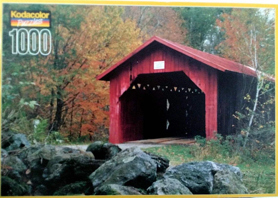 Red Covered Bridge In Fall Kodacolor Kodak 1000 pc 18" X 26" Rose Art Puzzle - Image 1 of 1