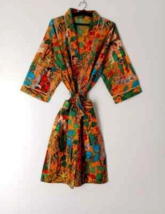 Indian Handmade Vintage Kimono Frida Print Cotton Bath Robes Maxi Night Gown - Picture 1 of 5