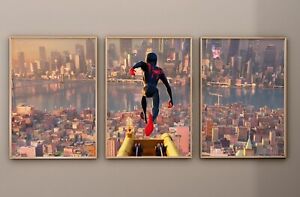 Spiderman Poster, 3 SET Framed, Spiderverse Miles Morales, Wall Art Movie Prints
