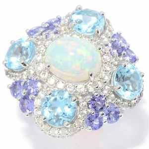Anillo de halo de piedras preciosas múltiples de ópalo etíope y topacio azul tanzanita de joyería Meher's - Imagen 1 de 5