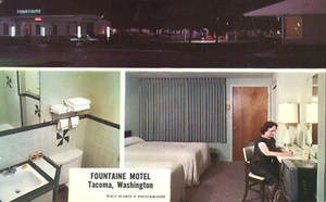 Postal publicitaria interior de habitación y baño Fontaine Motel Tacoma en Washington - Imagen 1 de 2