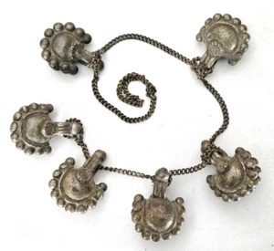 Antique Metal Alloy Holy Indian Scallop Dangle Bells on Brass Chain - Picture 1 of 13