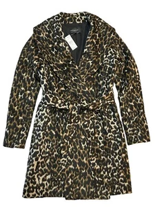 NWT ANN TAYLOR Pea Coat XXS Black Brown Animal Print Tie Belt - Picture 1 of 4