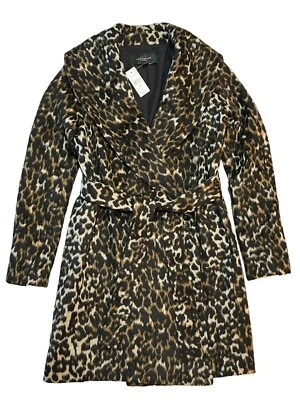 NUEVO CON ETIQUETAS ANN TAYLOR Abrigo Guisante XXS Negro Marrón Animal Estampado Corbata Cinturón Foto 1 de 4