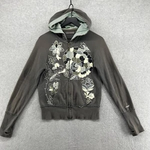 Reef Hoodie Womens Size Medium Gray Long Sleeve Floral Full Zip Thumbholes - Picture 1 of 12