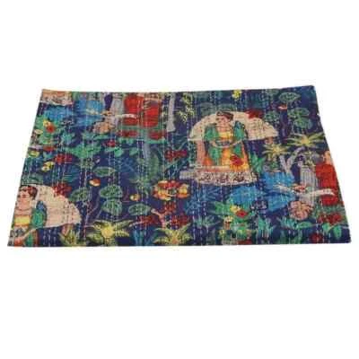 Blue Frida Khalo Kantha Quilt Handmade Indian Bedspread Cotton Throw Blanket - Image 1 of 4