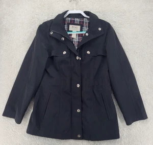 London Fog's black hooded parka women's small zip up with snaps plaid lined - Picture 1 of 10