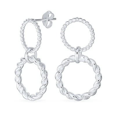 Classic Geometric Round Dangle Earrings Double Circle Knocker Sterling Silver - Image 1 of 4