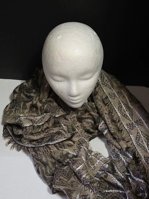 NWT COLLECTION 18 Lg Scarf Shawl Venetian Rug Print Beige Black Silver  38×49"  - Image 1 of 4