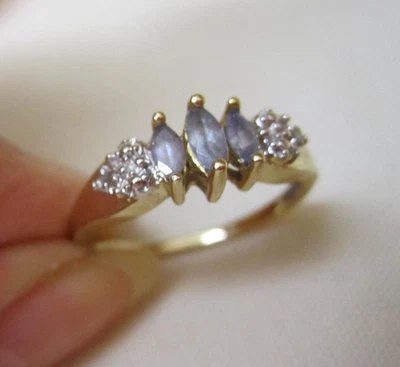 10K Yellow Gold Ring Iolite Marquise Trio Stones w/ Diamond Accents Size 7 - Image 1 of 4