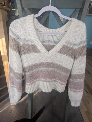 Abercrombie & Fitch Sweater W XS Barbiecore White Tan Pink Stripe Back to School — 第 1/4 张图片
