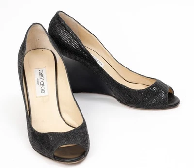 Jimmy Choo London Negro Brillo Punta abierta Tacones de cuña Zapatos Talla 41 Hecho en Italia Foto 1 de 4