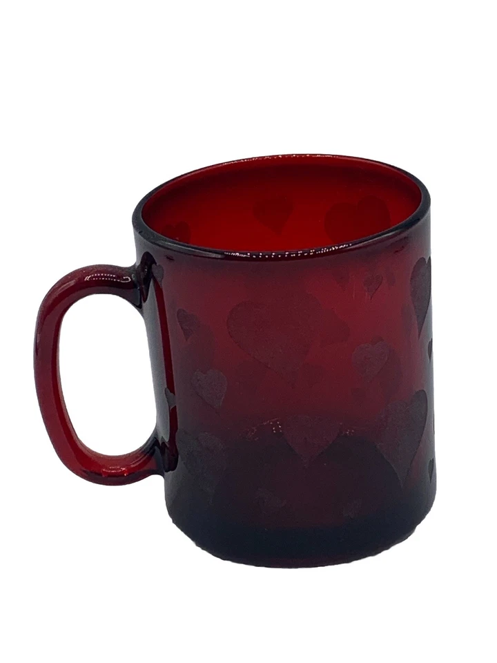  Vtg Ruby Red Glass with Etched Hearts 8oz Coffee/Tea Cup Made in France  - Image 1 of 4